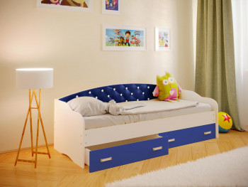 Кровать Софа-8 с мягкой спинкой со стразами (900х1900) Белый/Синий в Майском - majskij.mebel54.com | фото