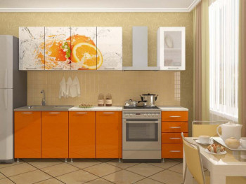 Кухонный гарнитур 1,6м Апельсин (Белый/Оранжевый металлик/Фотопечать апельсин) в Майском - majskij.mebel54.com | фото