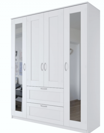 Шкаф четырехдверный Сириус с 2 зеркалами и 2 ящиками белый в Майском - majskij.mebel54.com | фото